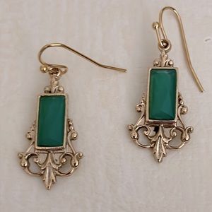 1928 Antique Inspired Gold & Green Glass Baguette Earrings